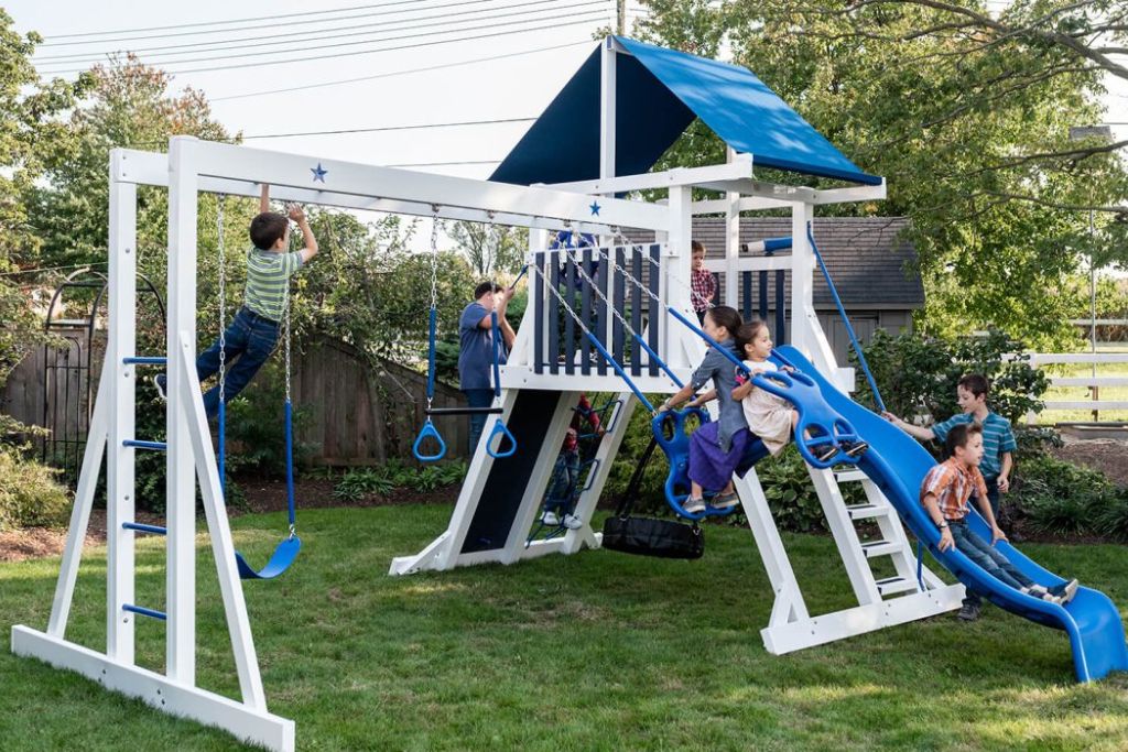 Starburst Swing Set with Monkey Bars Starburst vinyl playset with monkey bars shown in blue