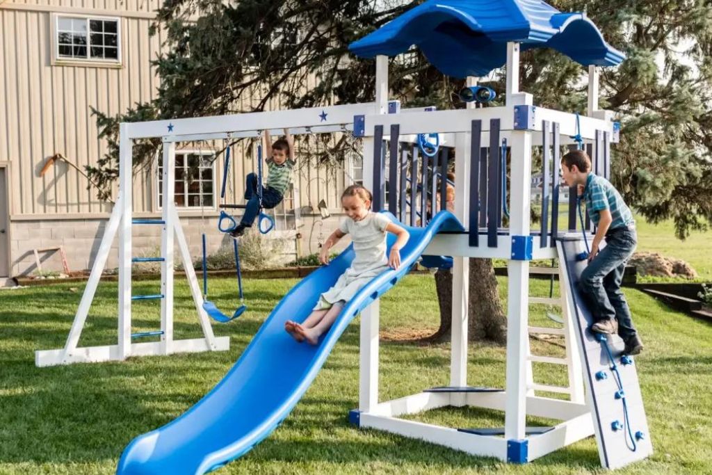 Shooting Star Climber Playset with Monkey Bars Blue Vinyl Shooting Star Climber swingset with monkey bars