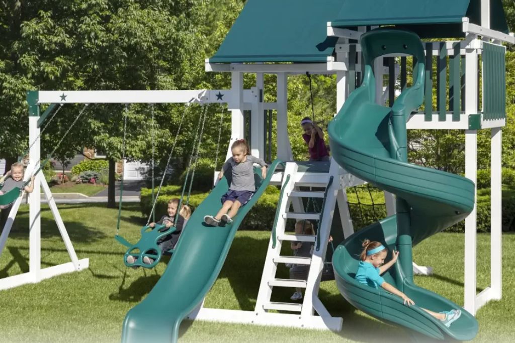 Modern backyard swing set features