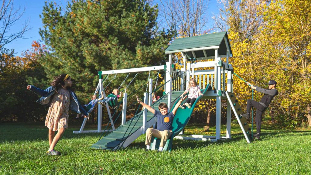 a vinyl swingset with a 5 foot deck height