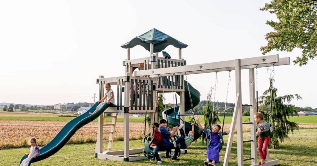 monkey bars on swingset with swings underneath