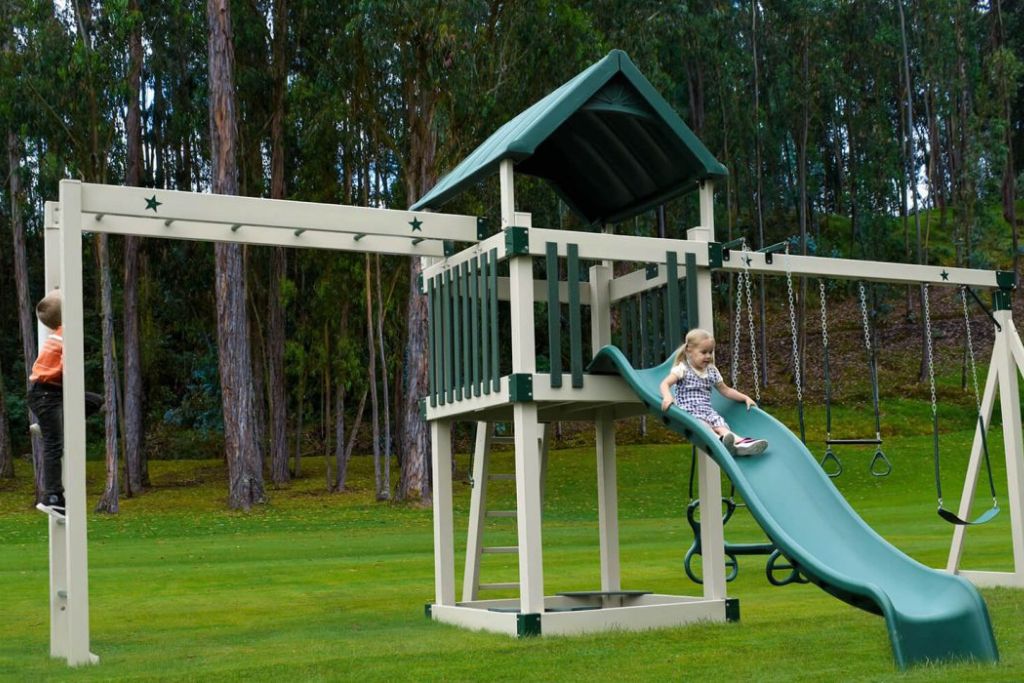 Eclipse Swingset with Monkey Bars Eclipse vinyl playset with monkey bars shown in green
