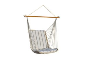 white and blue striped hammock swing hanging from a wooden beam for a swing set
